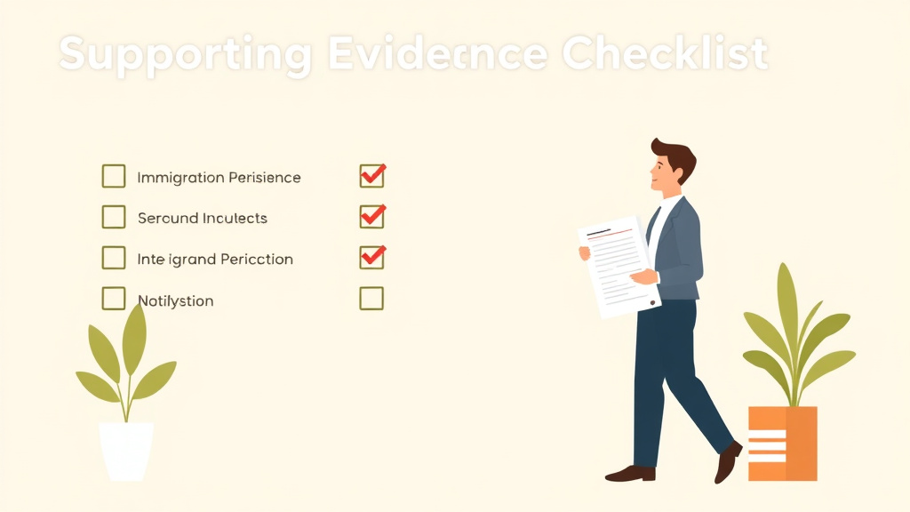 Educational graphic covering the essentials of supporting Evidence Checklist for I-140